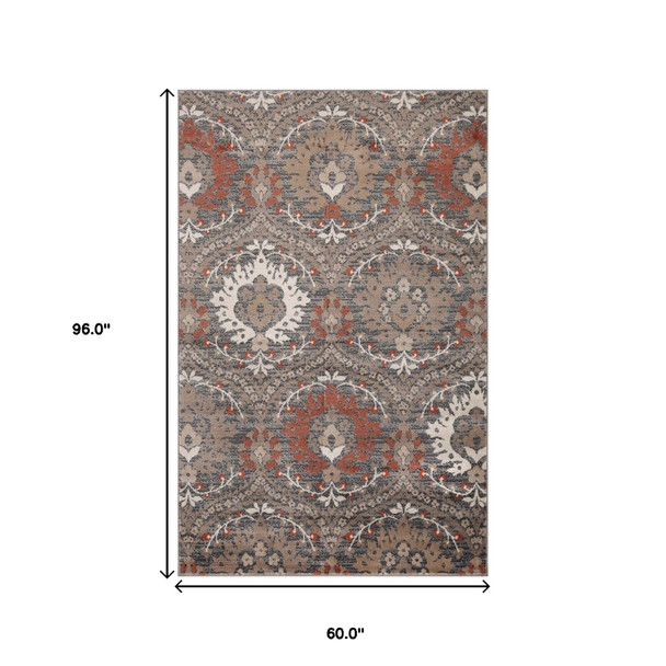 5' X 8' Rust Floral Stain Resistant Area Rug