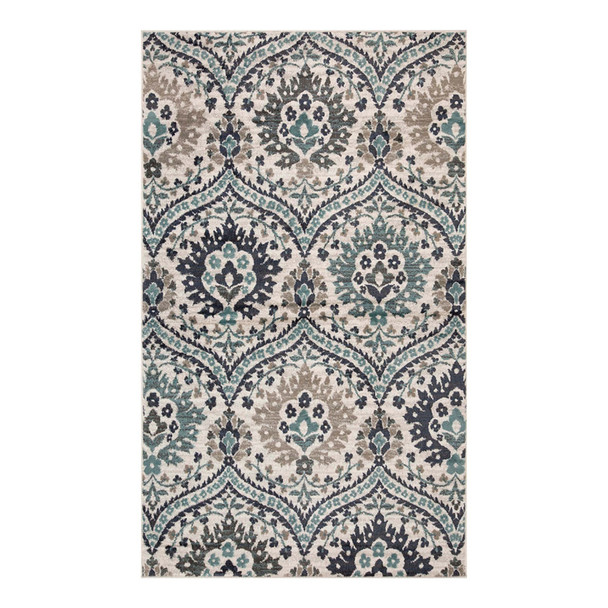 7' X 9' Ivory Blue And Gray Floral Stain Resistant Area Rug