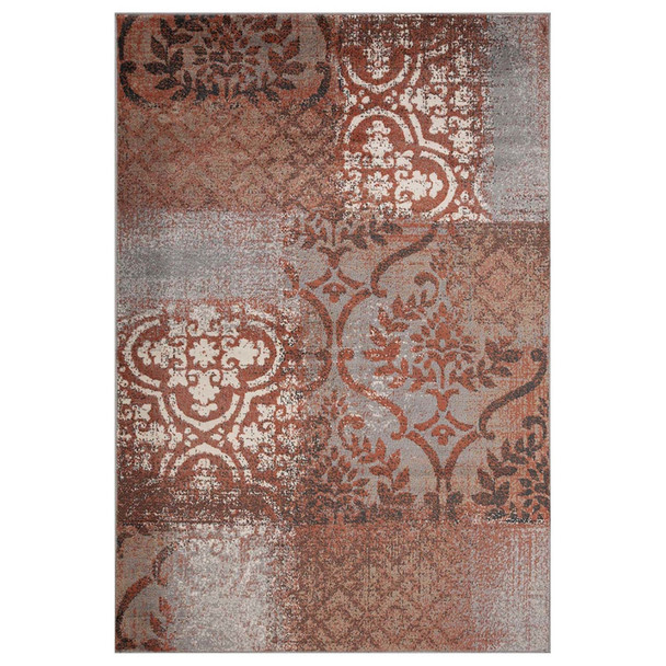 8' X 10' Rust And Gray Damask Distressed Stain Resistant Area Rug