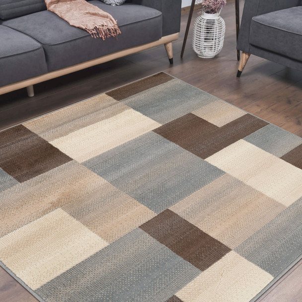 5' Square Grey Square Patchwork Power Loom Stain Resistant Area Rug