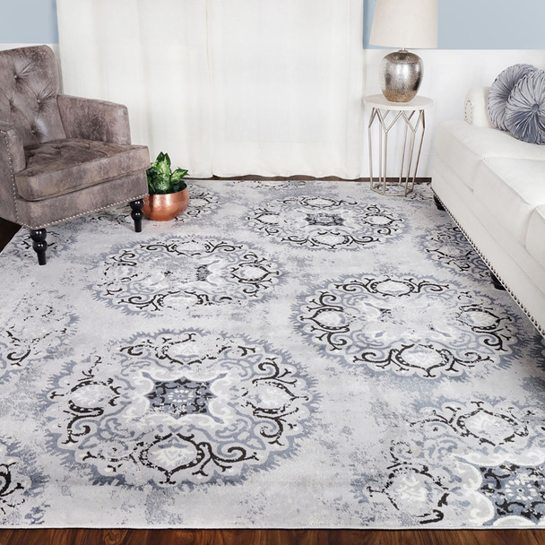 8' X 10' Silver And Gray Geometric Medallion Stain Resistant Area Rug