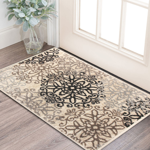 2' X 3' Tan Gray And Black Floral Medallion Stain Resistant Area Rug