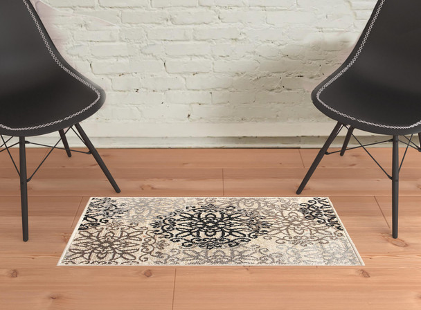 2' X 3' Tan Gray And Black Floral Medallion Stain Resistant Area Rug
