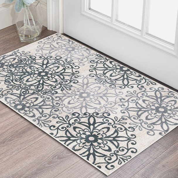 2' X 3' Oatmeal And Gray Medallion Power Loom Stain Resistant Area Rug