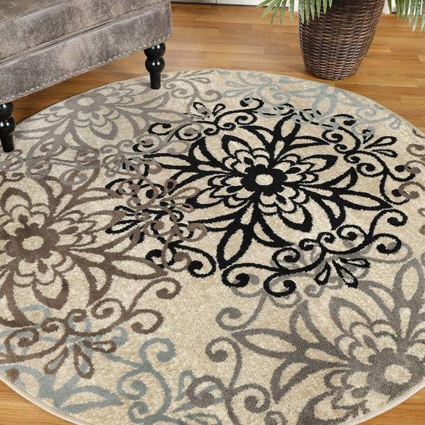 5' Round Tan Gray And Black Round Floral Medallion Stain Resistant Area Rug