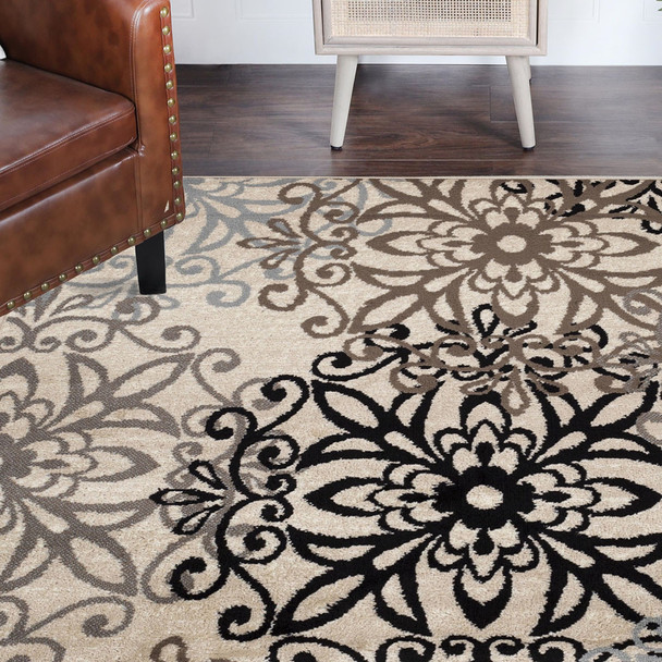 5' Square Tan Gray And Black Square Floral Medallion Stain Resistant Area Rug