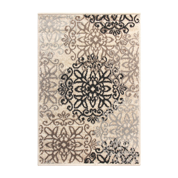 5' X 8' Tan Gray And Black Floral Medallion Stain Resistant Area Rug