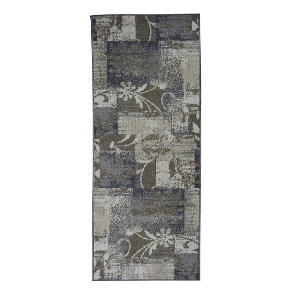 8' Ivory Gray And Olive Floral Power Loom Distressed Stain Resistant Runner Rug