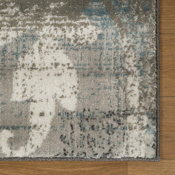 8' Teal Gray And Tan Floral Power Loom Distressed Stain Resistant Runner Rug