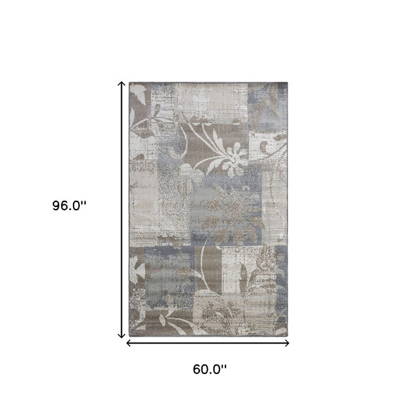 5' X 8' Ivory Gray And Olive Floral Power Loom Distressed Stain Resistant Area Rug