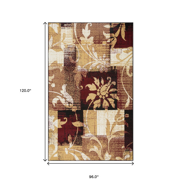 8' X 10' Burgundy And Beige Floral Power Loom Distressed Stain Resistant Area Rug