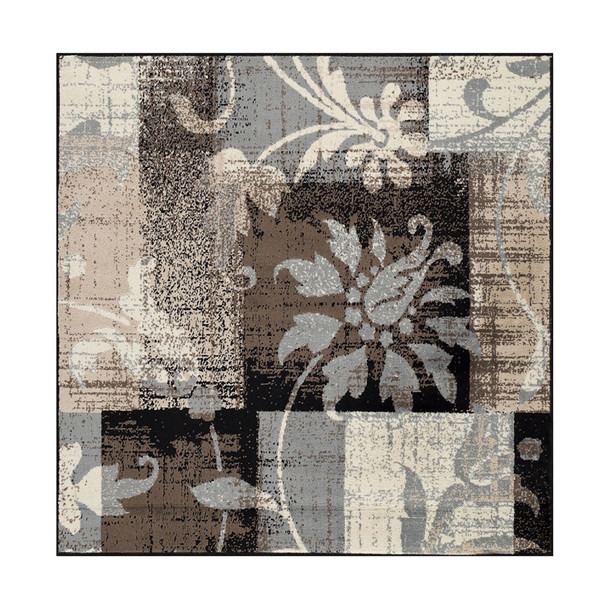 8' Square Beige And Gray Square Floral Power Loom Distressed Stain Resistant Area Rug
