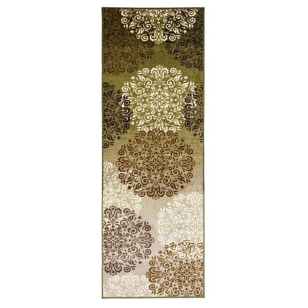 8' Greens And Browns Floral Power Loom Non Skid Runner Rug