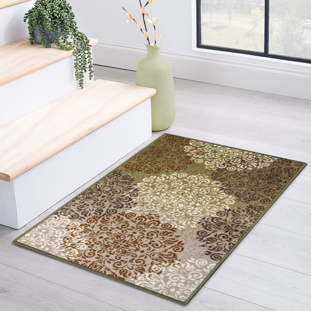 2' X 3' Greens And Browns Floral Power Loom Non Skid Area Rug