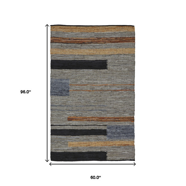 5' X 8' Grey Striped Hand Woven Stain Resistant Area Rug