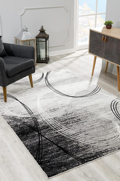 3' X 10' Grey Abstract Power Loom Stain Resistant Area Rug