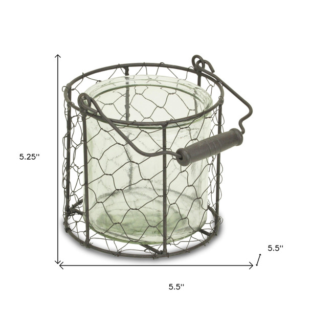 5.25" Brown and Clear Wire Basket and Glass Jar