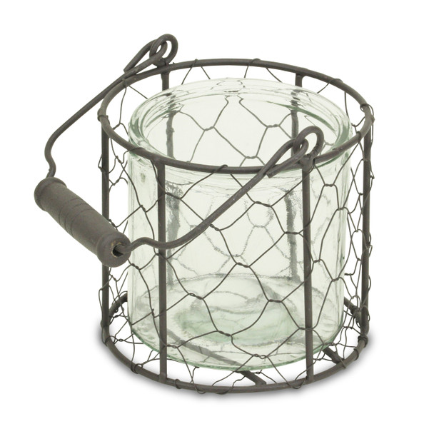 4.5" Brown And Clear Wire Basket and Glass Jar