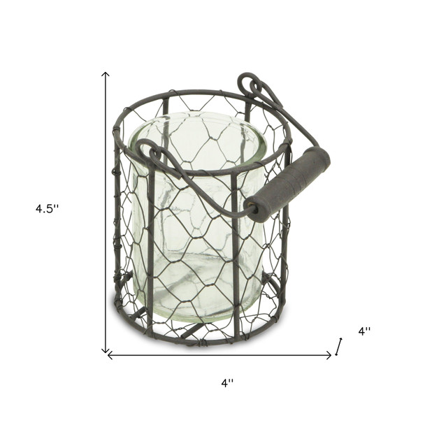 4" Brown and Clear Wire Basket and Glass Jar