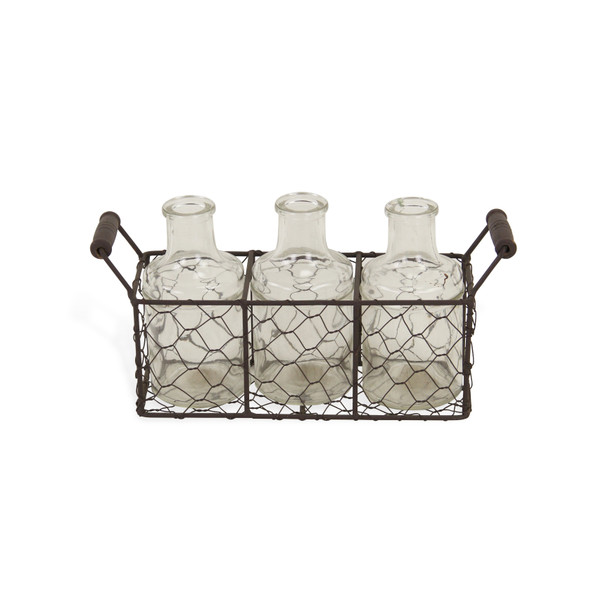 8.5" Set of Three Glass Bottles in Brown Wire Basket