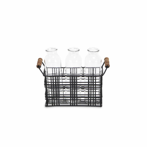 8" Set of Three Glass Bottles in Black Wire Basket