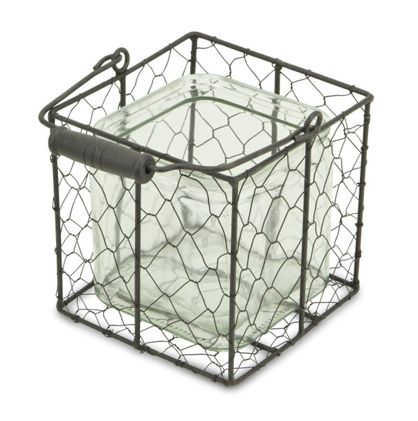 5.5" Brown and Clear Square Wire Basket and Glass Jar