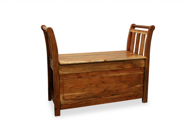 38" Natural Solid Wood Entryway Bench With Flip Top and High Sides