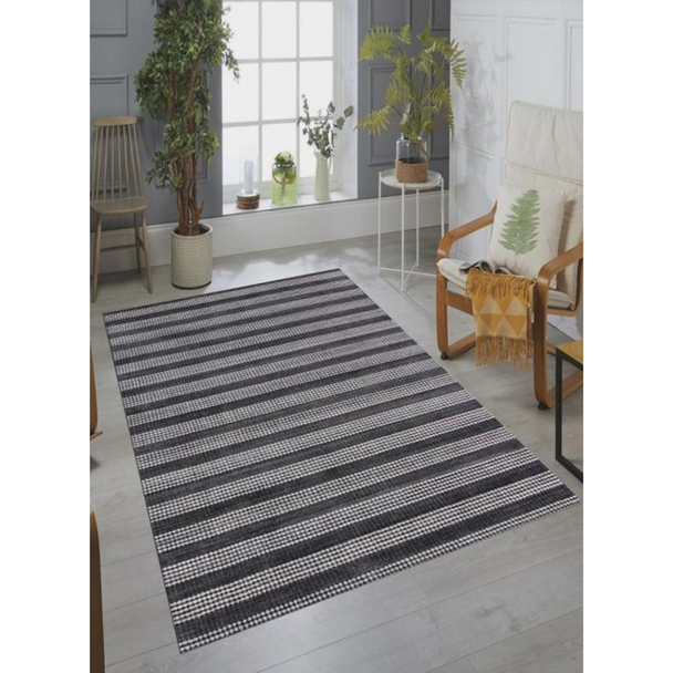 5' x 8' Black And White Striped Hand Loomed Area Rug