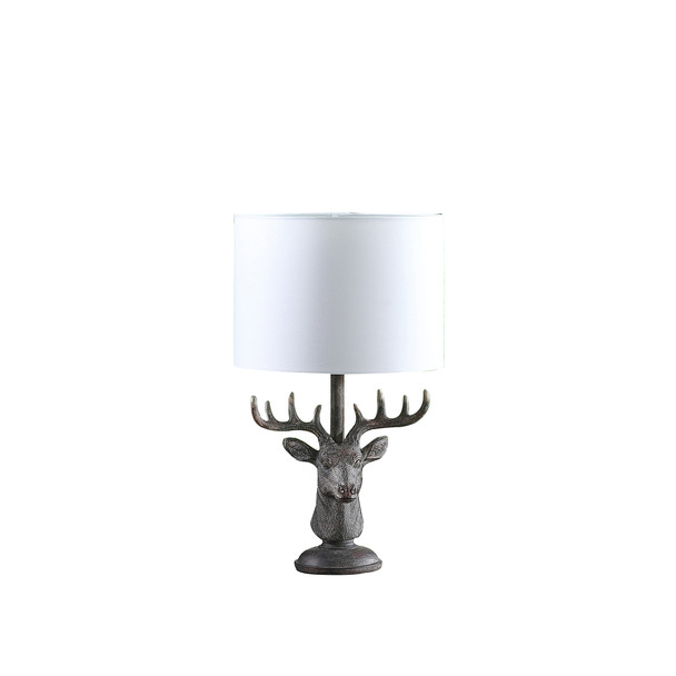 18" Antiqued Bronzed Stag Bust Table Lamp With White Drum Shade