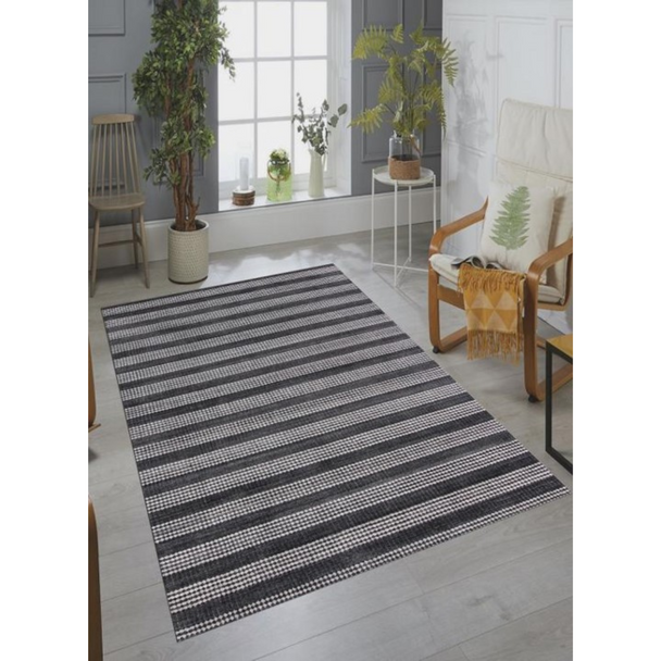 9' X 12' Black And White Striped Hand Loomed Area Rug