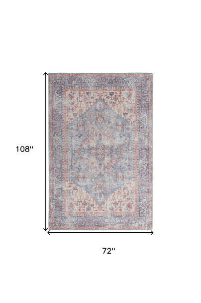 6' X 9' Blue And Orange Medallion Distressed Washable Area Rug