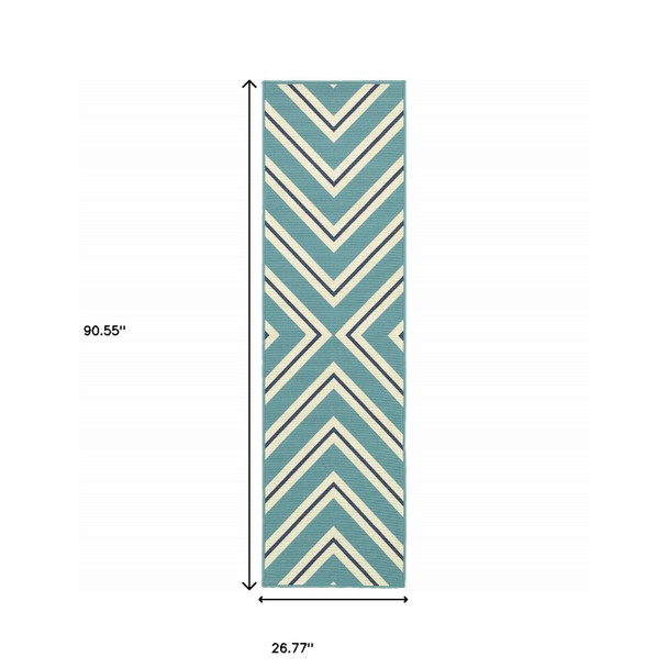 2' X 8' Blue Geometric Stain Resistant Indoor Outdoor Area Rug