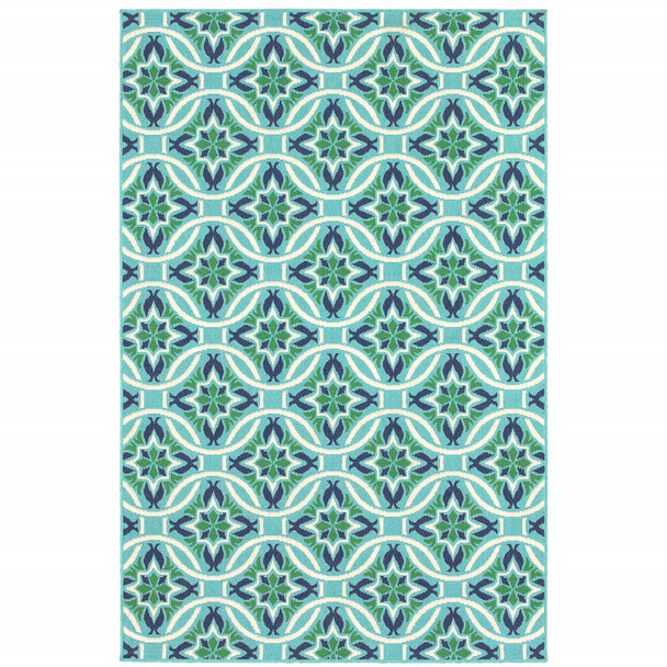 5' X 8' Blue Geometric Stain Resistant Indoor Outdoor Area Rug