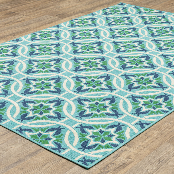 5' X 8' Blue Geometric Stain Resistant Indoor Outdoor Area Rug