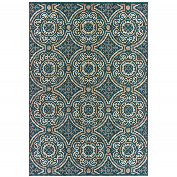 6' X 9' Blue Geometric Stain Resistant Indoor Outdoor Area Rug