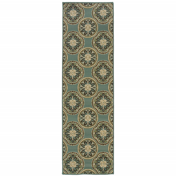 2' X 8' Blue Floral Stain Resistant Indoor Outdoor Area Rug