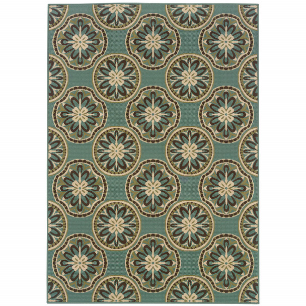 5' X 8' Blue Floral Stain Resistant Indoor Outdoor Area Rug