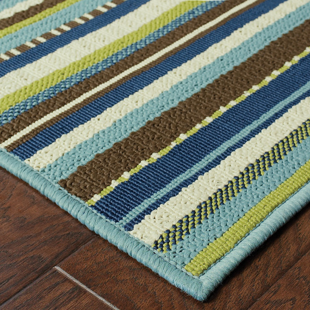 5' X 8' Blue Striped Stain Resistant Indoor Outdoor Area Rug