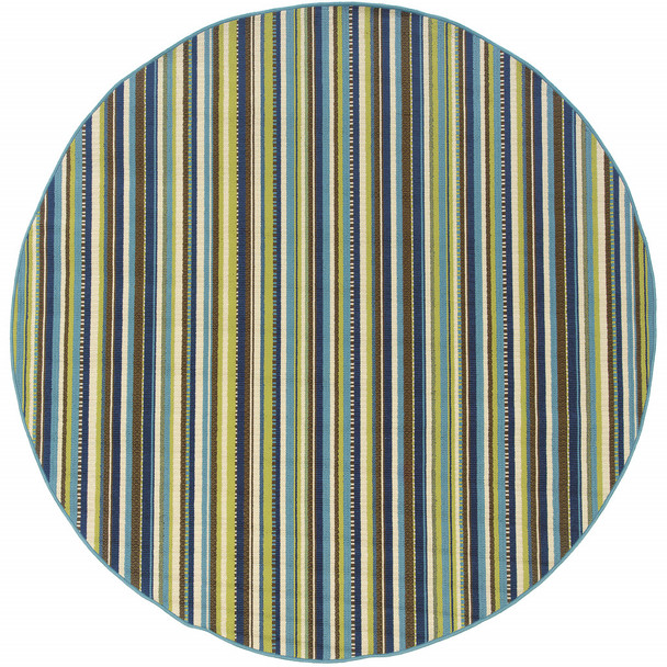 8' Round Blue Round Striped Stain Resistant Indoor Outdoor Area Rug