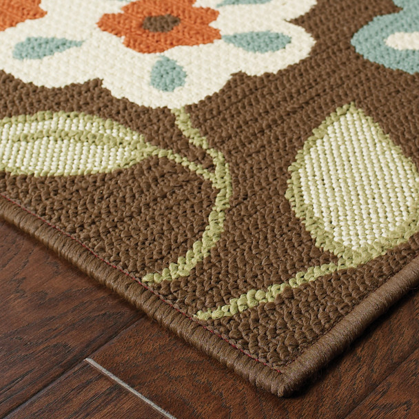 2' X 4' Brown Floral Stain Resistant Indoor Outdoor Area Rug