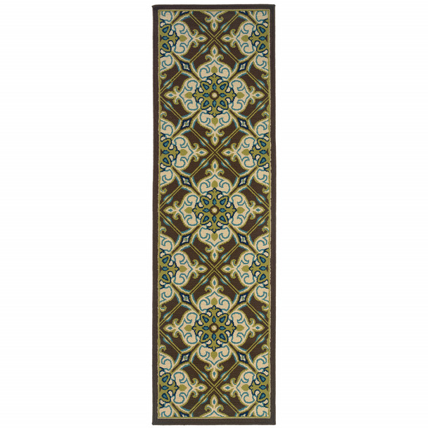 2' X 8' Brown Floral Stain Resistant Indoor Outdoor Area Rug