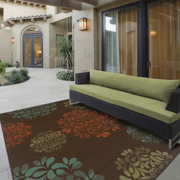 5' X 8' Brown Floral Stain Resistant Indoor Outdoor Area Rug