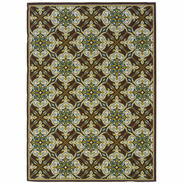 6' X 9' Brown Floral Stain Resistant Indoor Outdoor Area Rug