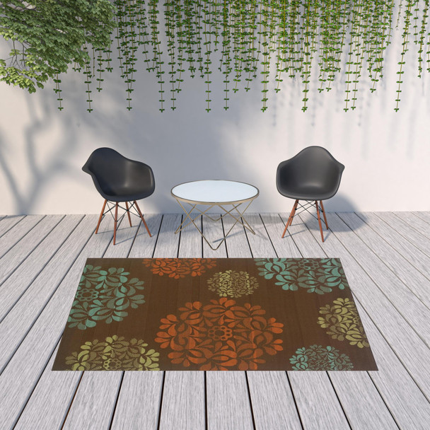 6' X 9' Brown Floral Stain Resistant Indoor Outdoor Area Rug