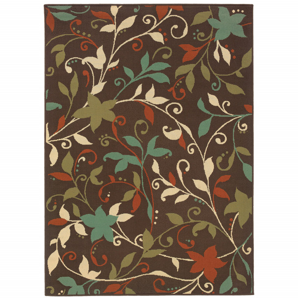 6' X 9' Brown Floral Stain Resistant Indoor Outdoor Area Rug