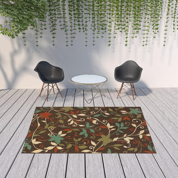 6' X 9' Brown Floral Stain Resistant Indoor Outdoor Area Rug