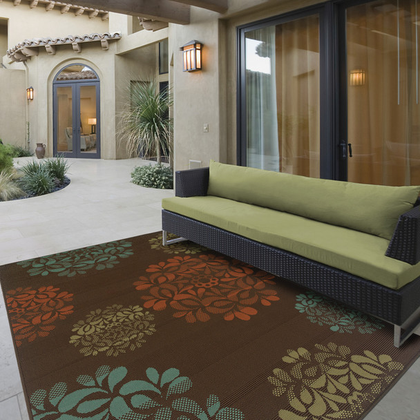 8' X 11' Brown Floral Stain Resistant Indoor Outdoor Area Rug