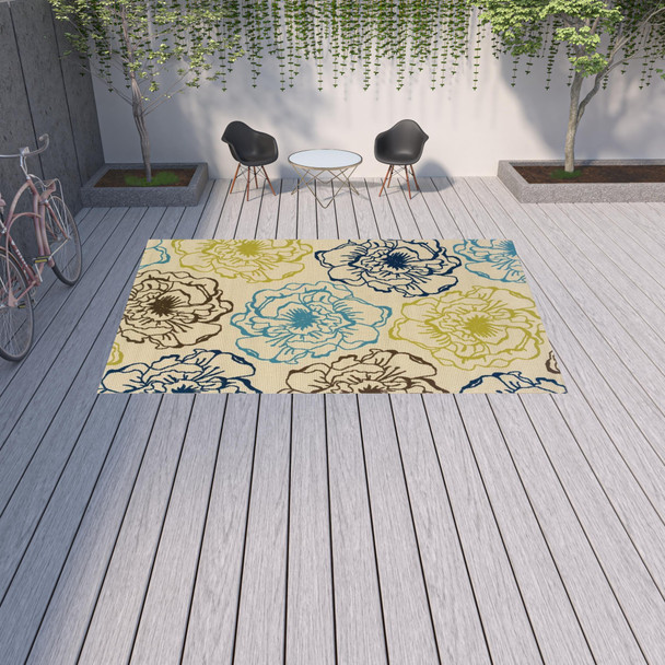 9' X 13' Ivory Floral Stain Resistant Indoor Outdoor Area Rug