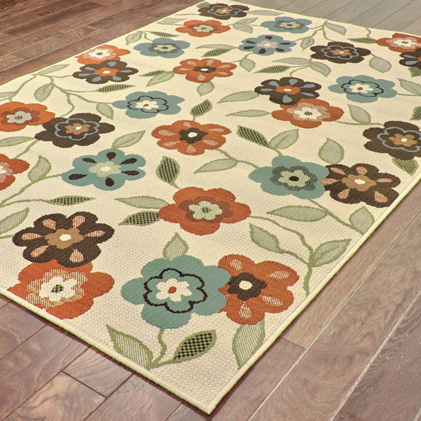 9' X 13' Ivory Floral Stain Resistant Indoor Outdoor Area Rug