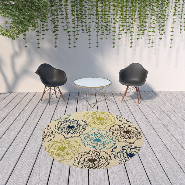 8' Ivory Round Floral Stain Resistant Indoor Outdoor Area Rug